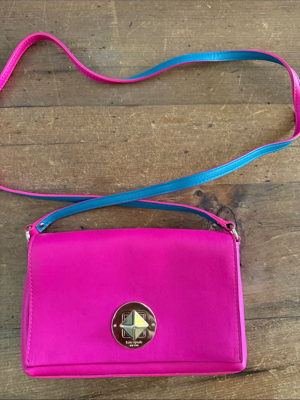 Kate Spade dark neon pink and neon blue crossbody leather bag